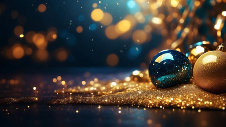 Christmas background with christmas balls, bokeh lights and snowの素材