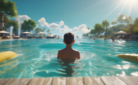 Young man swimming in the pool at sunny summer day. Vacation conceptの素材