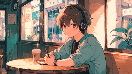 A girl is listening to music with headphones in a coffee shop.の素材