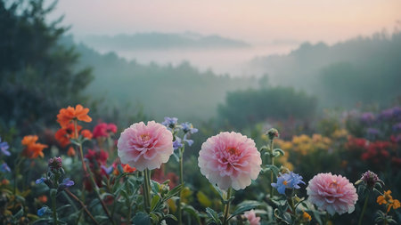 Colorful flowers in the morning mist. Beautiful nature landscape with morning fog.の素材