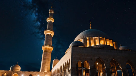 Mosque at night with stars in the sky, Istanbul, Turkeyの素材