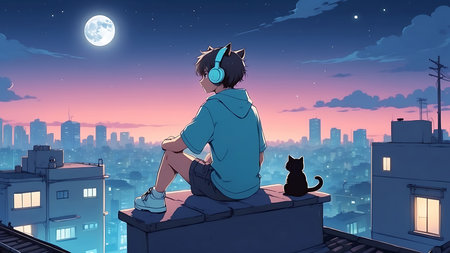 Young man with headphones sitting on the roof and looking at the city at nightの素材
