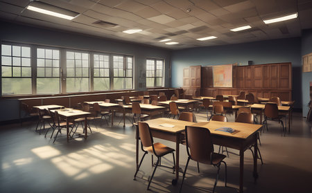 Classroom interior with wooden tables and chairs. 3D Renderingの素材
