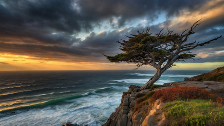 Sunset over cypress tree in Big Sur, California, USAの素材