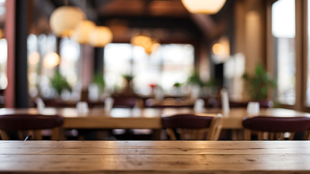 Empty wooden table in a cafe or restaurant with bokeh backgroundの素材