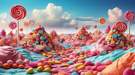 Colorful candies and lollipops on blue sky backgroundの素材
