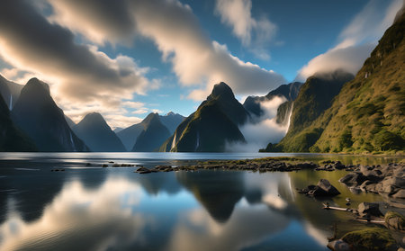 Natural landscape of Milford Sound, South Island, New Zealand.の素材
