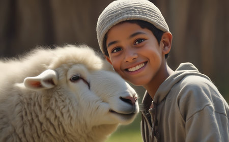 Portrait of a boy and white swedish sheep in the parkの素材