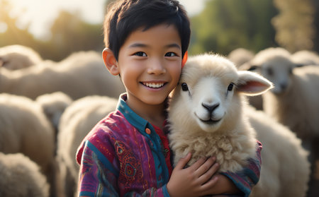 Portrait of happy asian little boy with sheep on the farmの素材