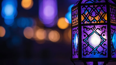 Colorful Arabic lanterns on the background of the night city.の素材