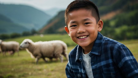Portrait of a cute asian boy with sheep in the backgroundの素材