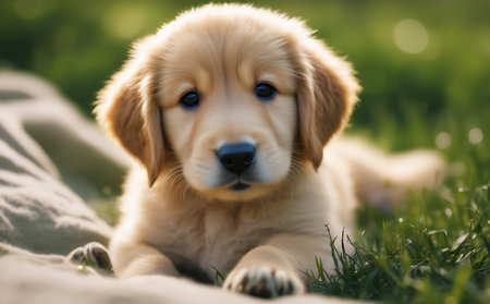 Cute Golden Retriever Puppy Lying on the Grassの素材