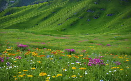 Mountain meadow with flowers and grassland in the morning.の素材