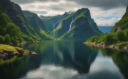 Fjord and mountains in Norway, Scandinavia, Europe.の素材