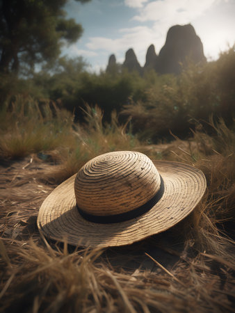 Straw hat on the meadow in the mountains. Vintage styleの素材