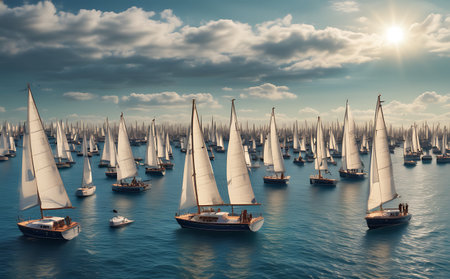 Sailing boats in the sea. 3D render. Clip.の素材