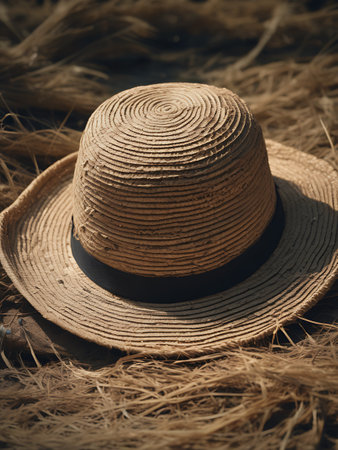 Straw hat on the ground in the countryside. Selective focus.の素材