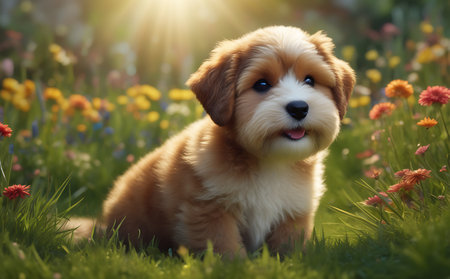Cute puppy sitting on the grass in the garden at sunset.の素材