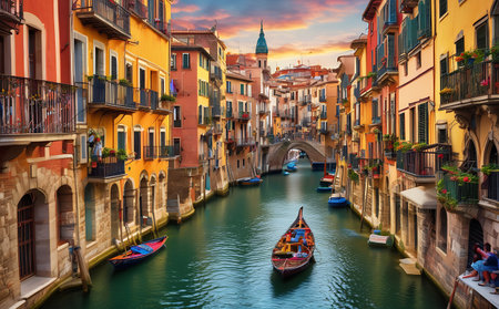 Beautiful view of the Grand Canal in Venice at sunset, Italyの素材