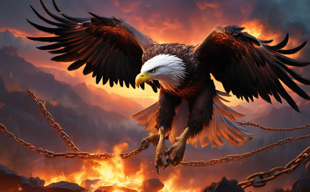 Bald Eagle flying in the sky. 3D rendering illustration.の素材