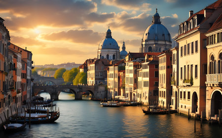 Grand Canal and Basilica Santa Maria della Salute at sunset, Venice, Italyの素材