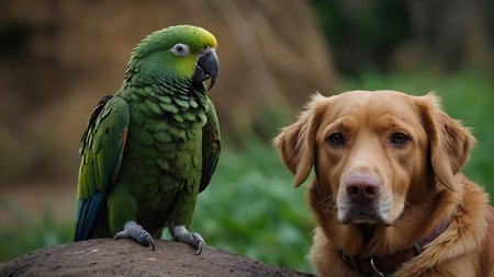 Couple of green parrots and a yellow Labrador Retrieverの素材