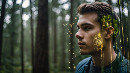 Portrait of a handsome young man in the forest. Men's beauty, fashion.の素材