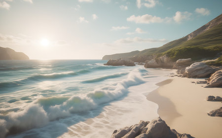 Beautiful seascape at sunset. Panoramic view of beautiful sandy beach and waves.の素材