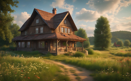 Old wooden house in the meadow at sunset. Retro style.の素材