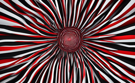 Abstract 3d rendering of chaotic red, black and white stripes.の素材