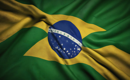 Closeup of Ruffled Brazil Flag, Fabric Ruffled Flag Background.の素材