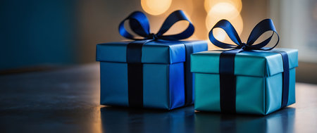 Three blue gift boxes with ribbons on a dark background. Holiday concept.の素材