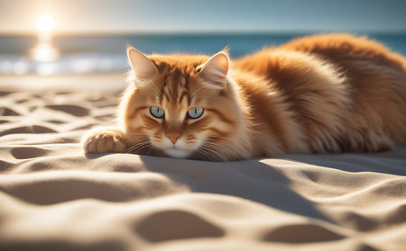 Cute ginger cat lying on the beach at sunset with copy spaceの素材