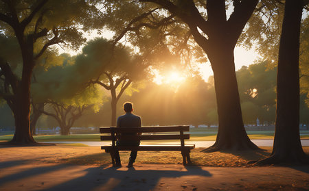 Man sitting on a bench in the park in the rays of the setting sunの素材