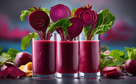 Fresh beetroot juice in glasses with fresh beetroots on dark backgroundの素材