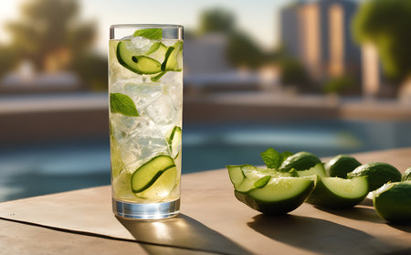 Lemonade with cucumber and mint on the background of a swimming poolの素材