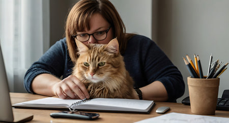 Young woman working at home with her ginger cat. She is writing in notebook.の素材