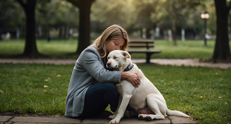 Beautiful young woman with her labrador retriever dog in the parkの素材
