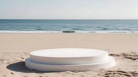 White round podium on the sandy beach with sea in the background.の素材