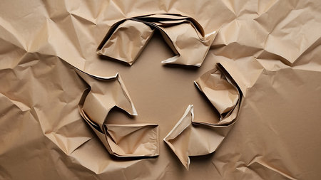 Recycling symbol made of crumpled paper on brown backgroundの素材