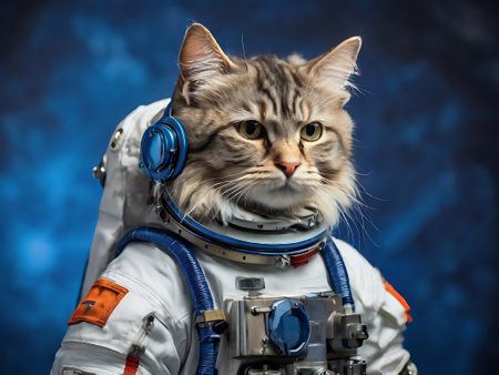 Portrait of a cat in astronaut suit with headphones on blue backgroundの素材