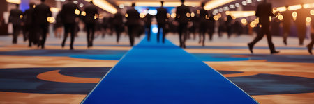 Blurred image of people walking on the blue carpet in the exhibition hallの素材