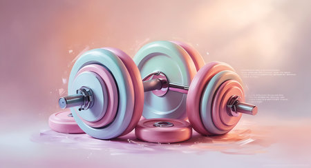 3d rendering of pink and blue dumbbells in abstract backgroundの素材