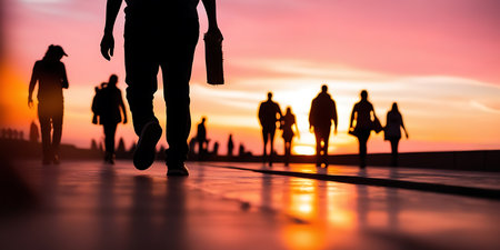 Silhouette of a man running in the city at sunset.の素材