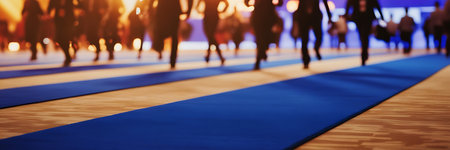 Blurred image of people walking on blue carpet at night in cityの素材