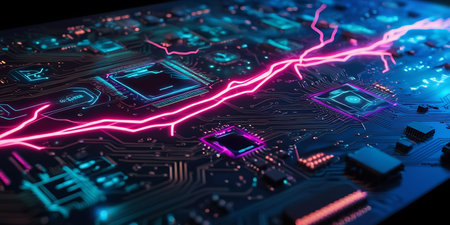 Electronic circuit board with glowing neon lines. 3D Renderingの素材