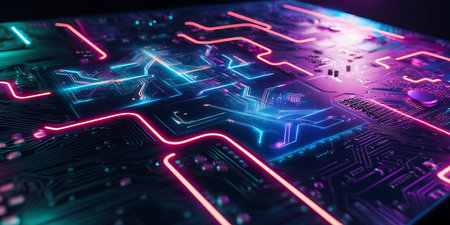 Circuit board with neon lights. Technology concept. 3D Renderingの素材