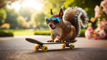 Funny squirrel with sunglasses riding a skateboard in the park.の素材