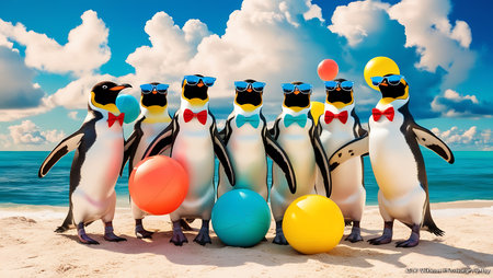 Group of penguins with colorful balloons on the beach. 3d renderの素材