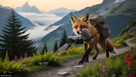 Red fox with a backpack and a camera on the background of mountainsの素材
